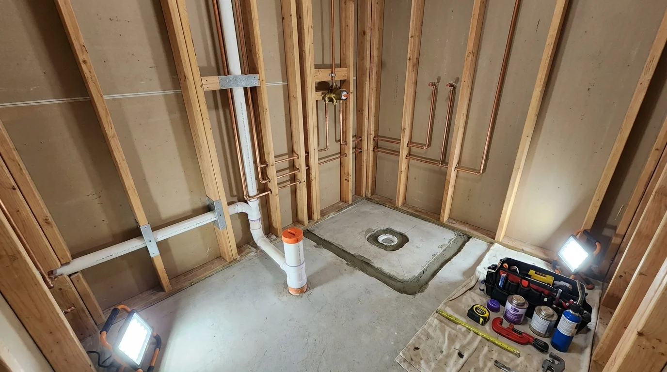 Bathroom rough-in plumbing during remodel by Johns Plumbing LLC in Winters