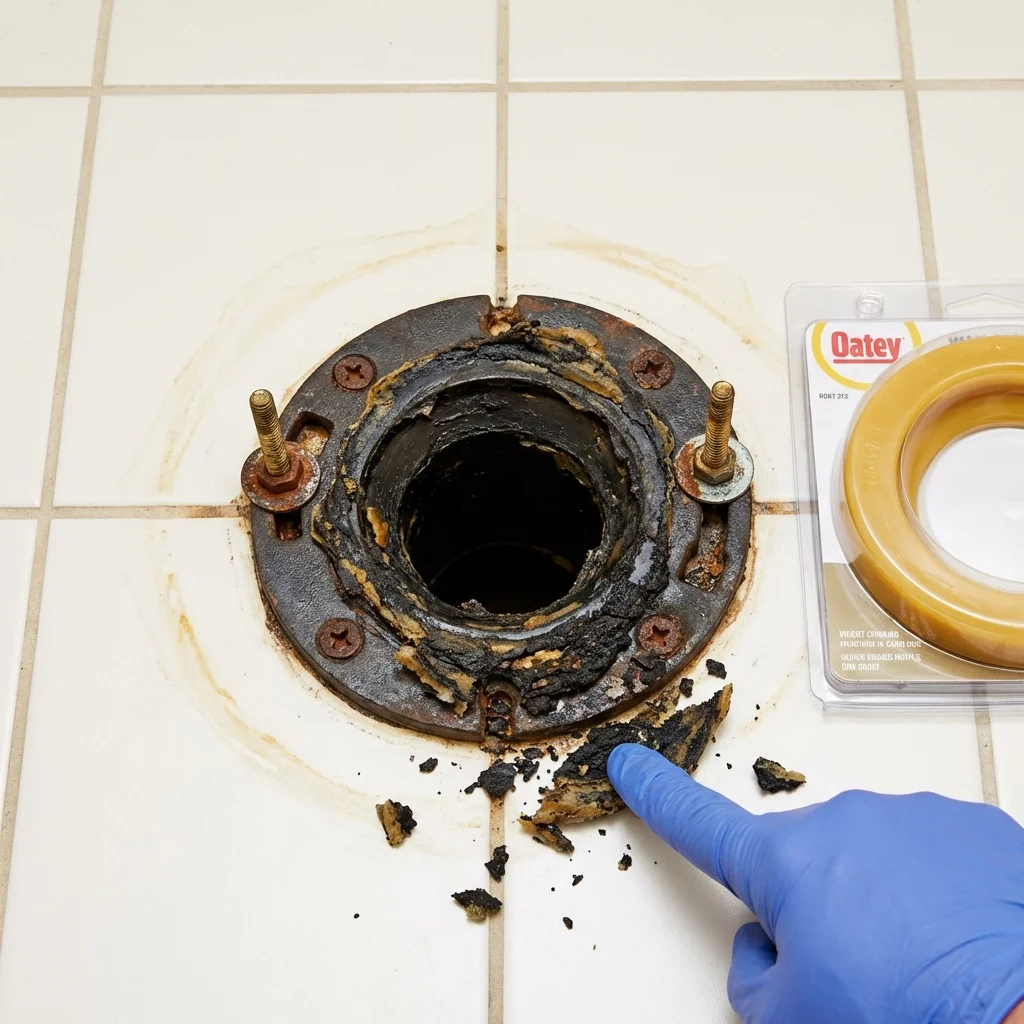 Failed wax ring showing water seepage at the base of a toilet in a Winters, TX home