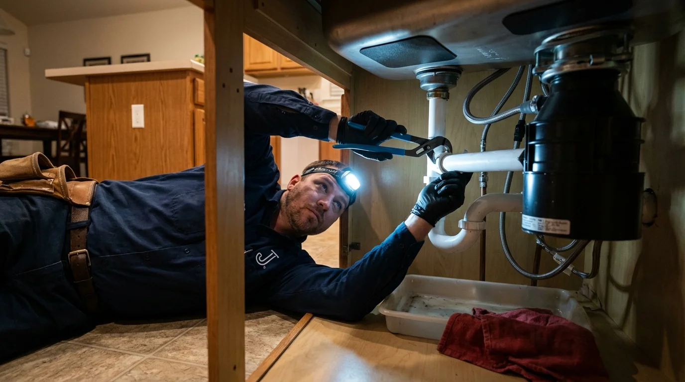 P-trap and supply line connections under a kitchen sink showing a common leak point in Winters, TX